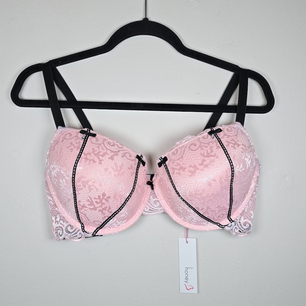 Honey B Women's Black & Pink Striped Lace Bra 44D NWT Feminine Sexy Intimates